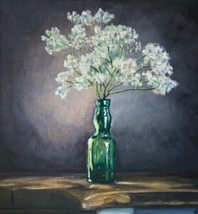 								 Stilleven met fles en boeket
2020, olieverf op karton
														