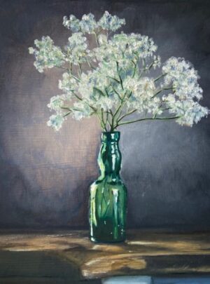 Stilleven fles met boeket